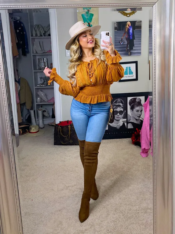 Flirtatious Moments Long Sleeve Top Tie Neck with Embroidery, Pumpkin