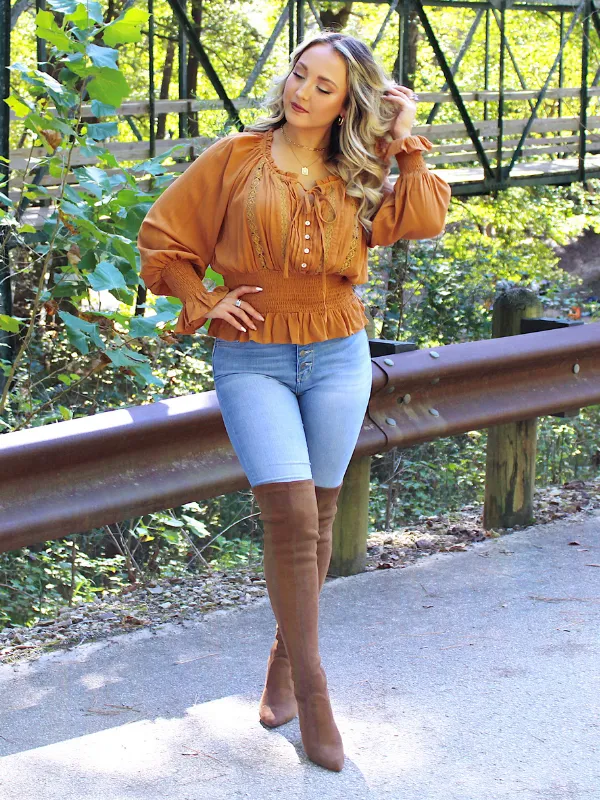 Flirtatious Moments Long Sleeve Top Tie Neck with Embroidery, Pumpkin