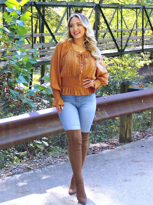 Flirtatious Moments Long Sleeve Top Tie Neck with Embroidery, Pumpkin