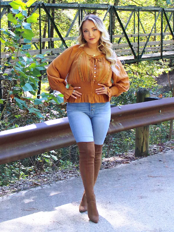 Flirtatious Moments Long Sleeve Top Tie Neck with Embroidery, Pumpkin