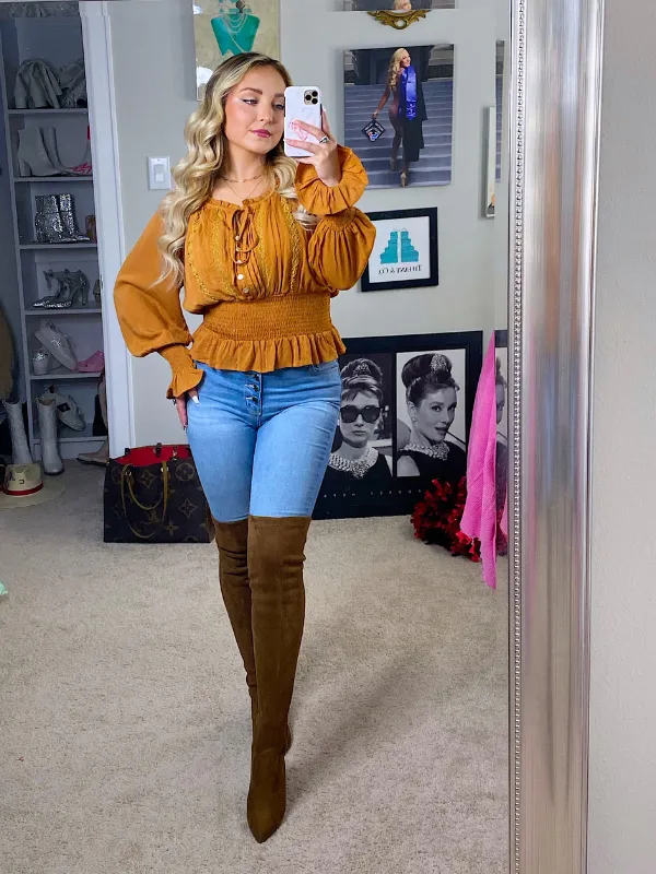 Flirtatious Moments Long Sleeve Top Tie Neck with Embroidery, Pumpkin