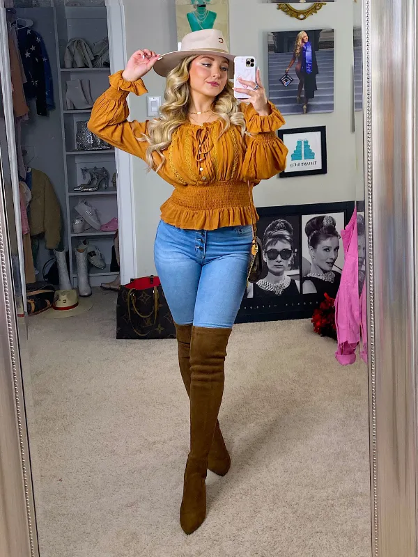 Flirtatious Moments Long Sleeve Top Tie Neck with Embroidery, Pumpkin