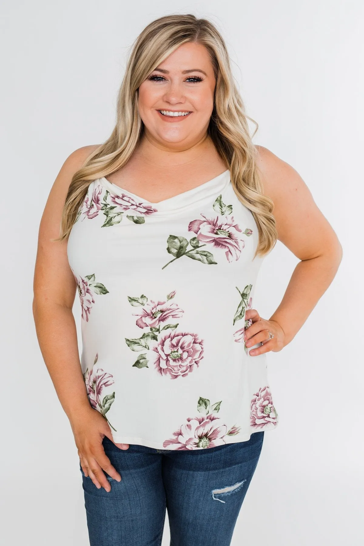 Floral Drape Neck Tank Top- Ivory