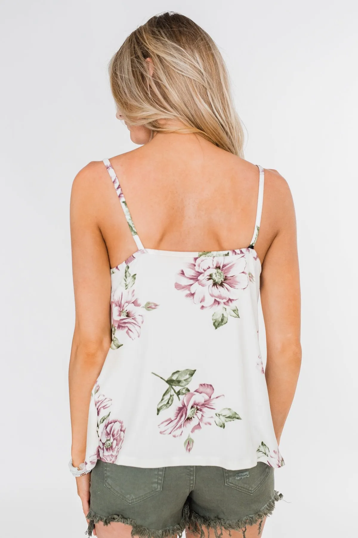 Floral Drape Neck Tank Top- Ivory