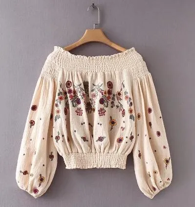 Floral Embroidery sexy off-shoulder Boho Blouse