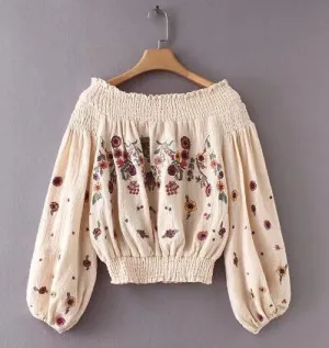 Floral Embroidery sexy off-shoulder Boho Blouse