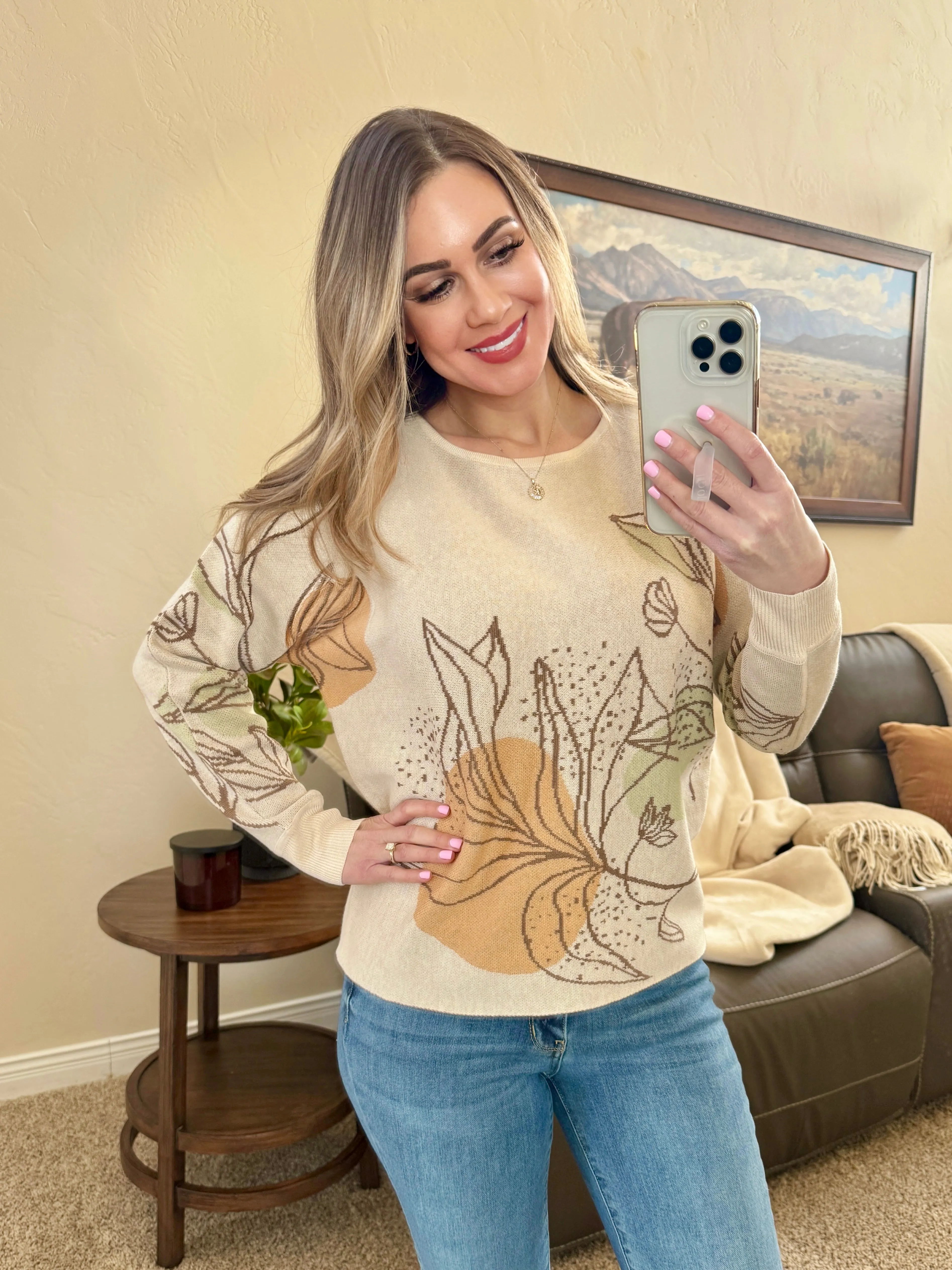 Floral Print Knit Sweater In Neutrals