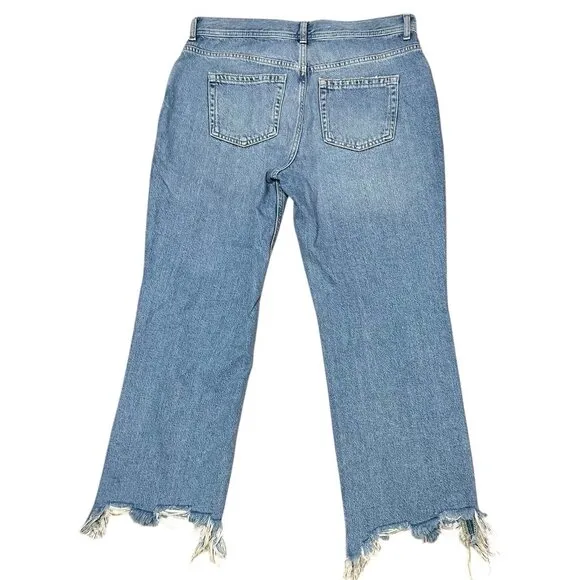 Free People Women 29 High Rise Straight Leg Blue Distressed Chewed Hem Jeans
