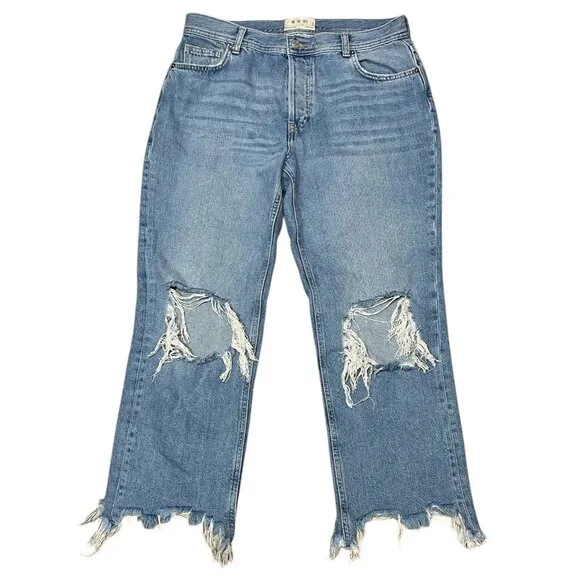 Free People Women 29 High Rise Straight Leg Blue Distressed Chewed Hem Jeans