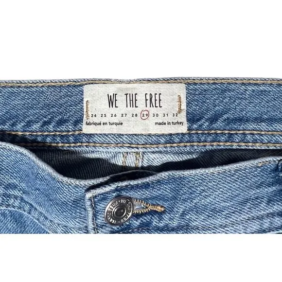 Free People Women 29 High Rise Straight Leg Blue Distressed Chewed Hem Jeans