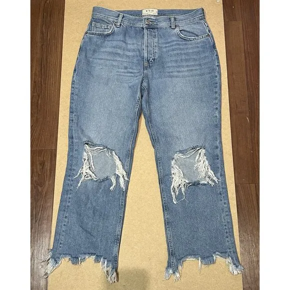 Free People Women 29 High Rise Straight Leg Blue Distressed Chewed Hem Jeans