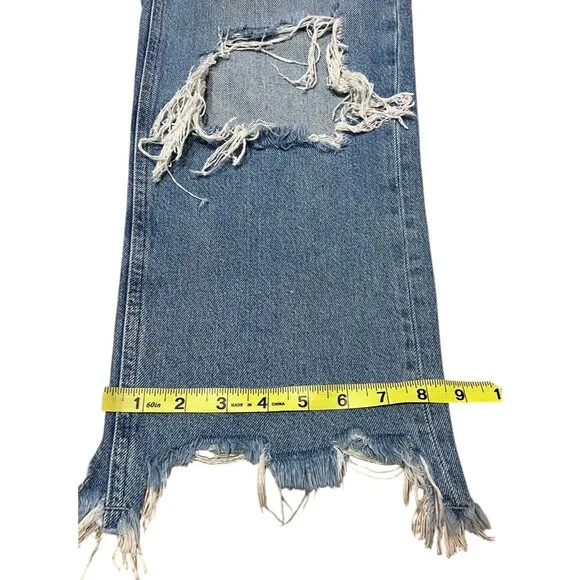 Free People Women 29 High Rise Straight Leg Blue Distressed Chewed Hem Jeans