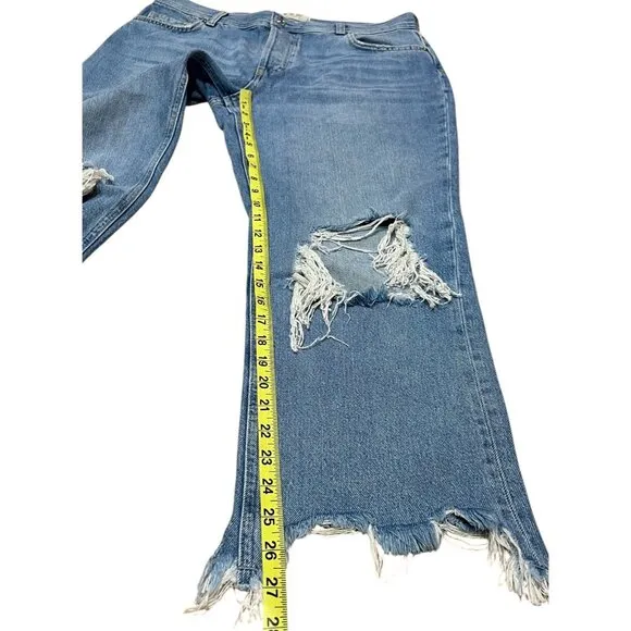 Free People Women 29 High Rise Straight Leg Blue Distressed Chewed Hem Jeans