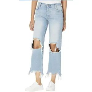 Free People Women 29 High Rise Straight Leg Blue Distressed Chewed Hem Jeans