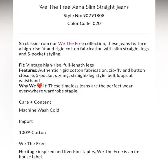 Free People We the Free Xena Slim Straight Jeans Dark Knight
