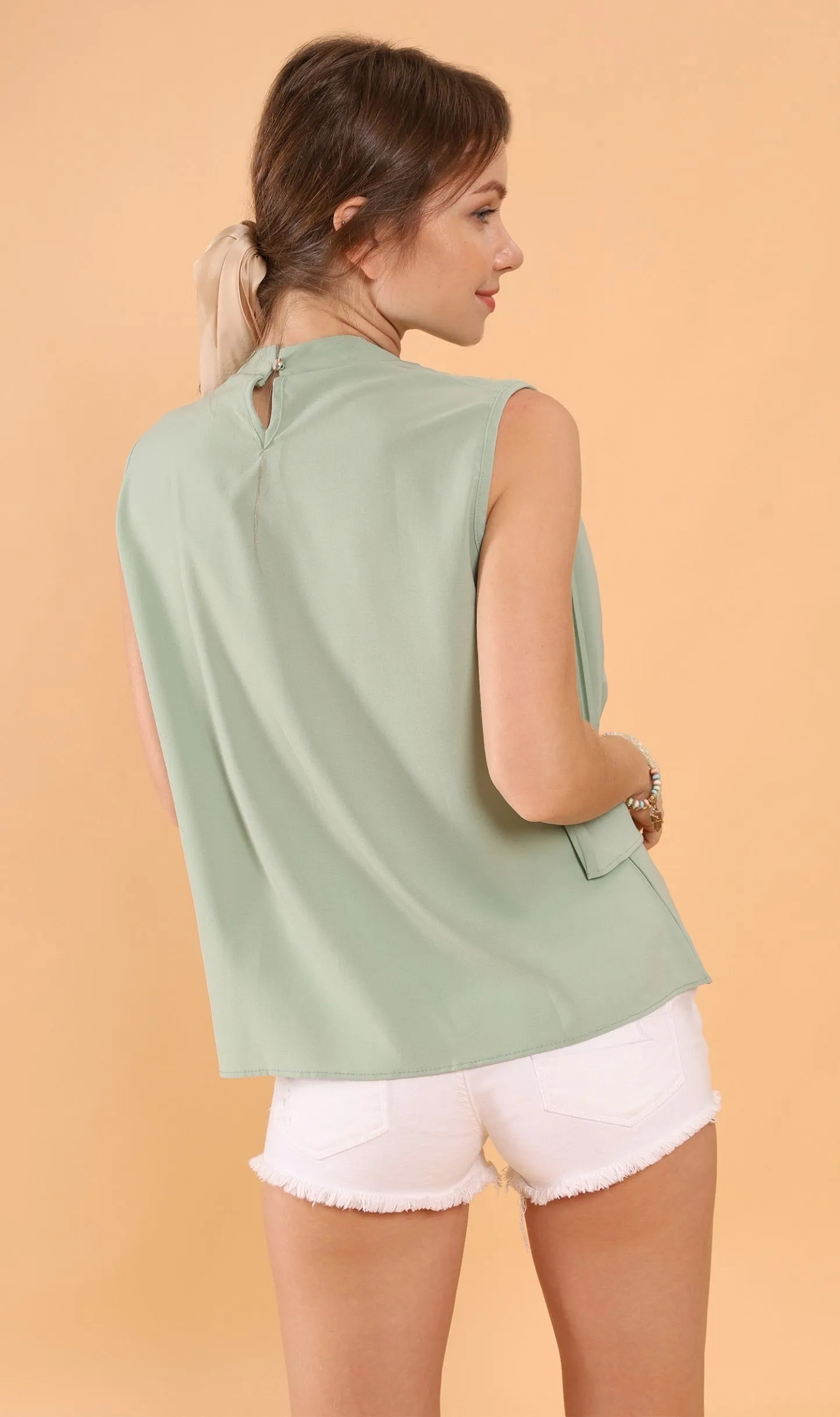 GEMMA Pleated Mock-Neck Top (Sage Green)