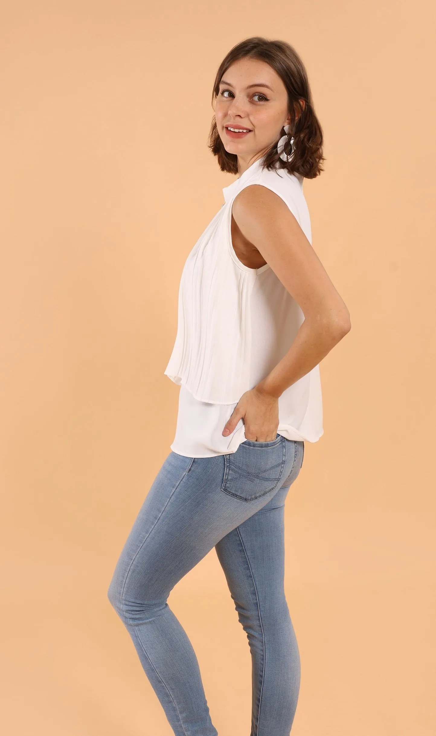 GEMMA Pleated Mock-Neck Top (White)