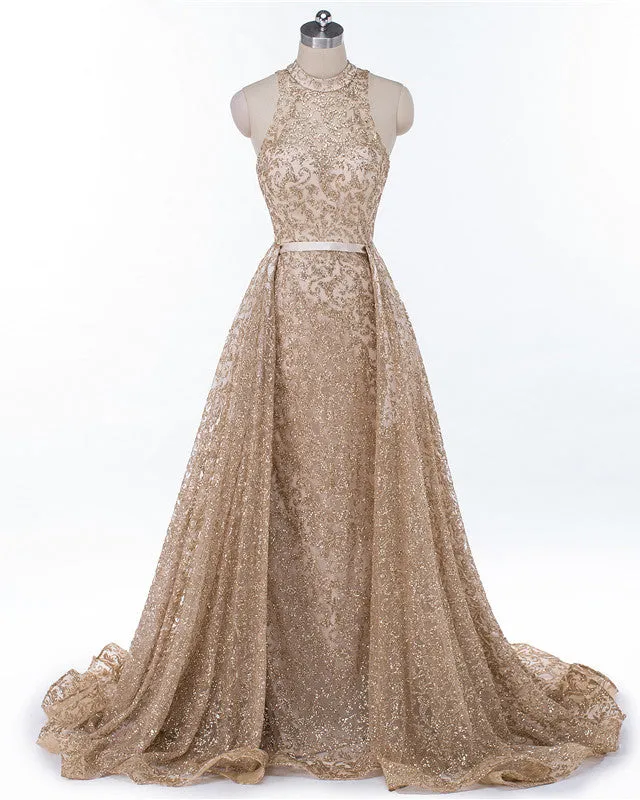 Gold High Neck Mermaid Sequin Prom Dress
