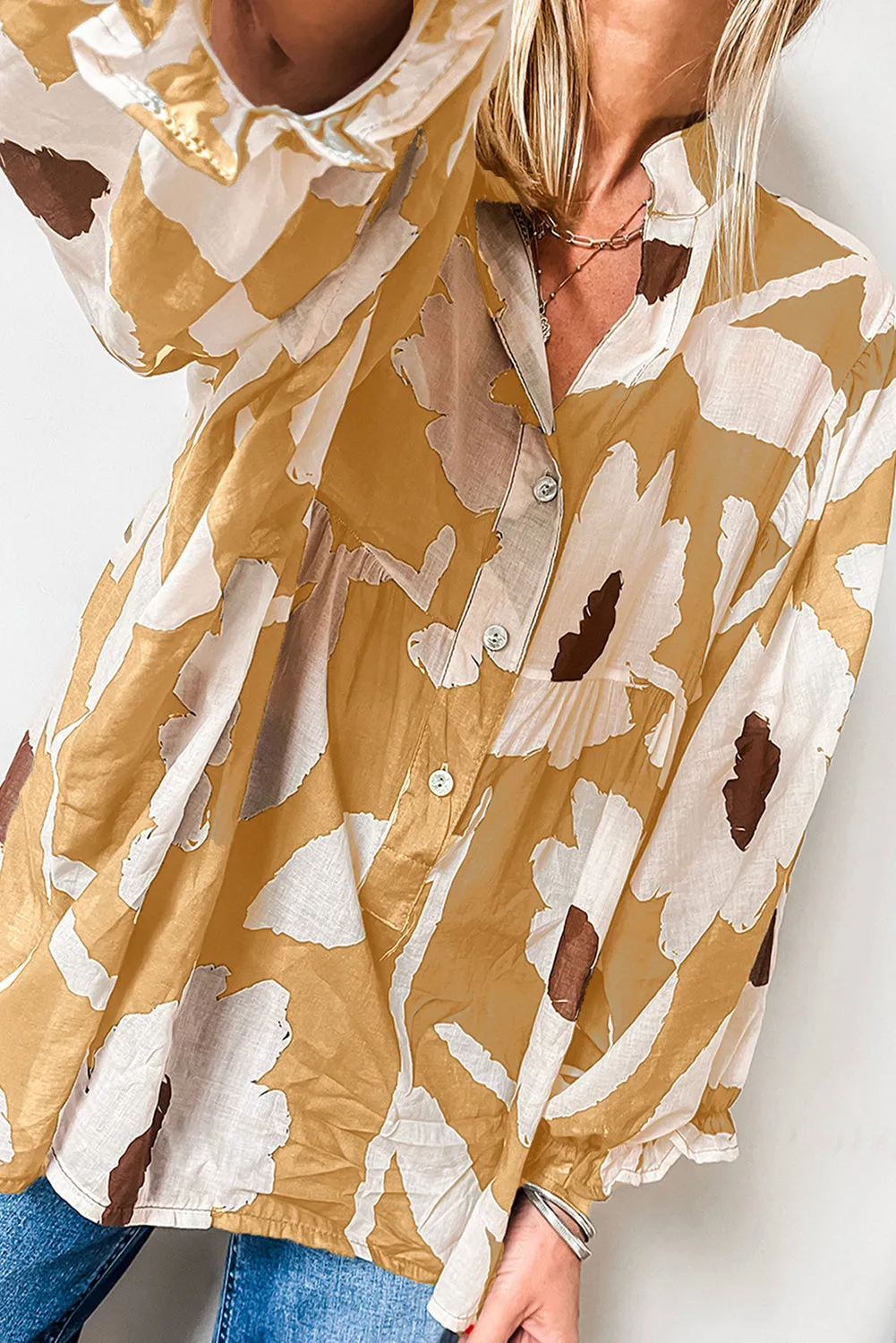 Golden Fleece Abstract Floral Print Puff Sleeve Half Button Blouse