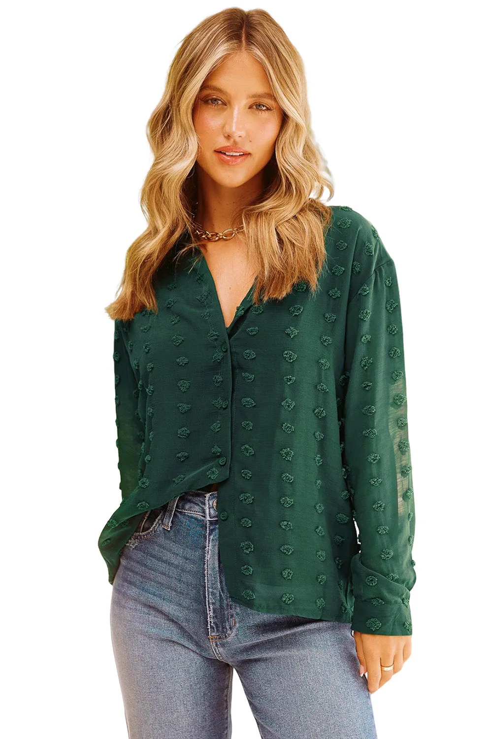 Green Long Sleeve Button Fuzzy Polka Dot Shirt