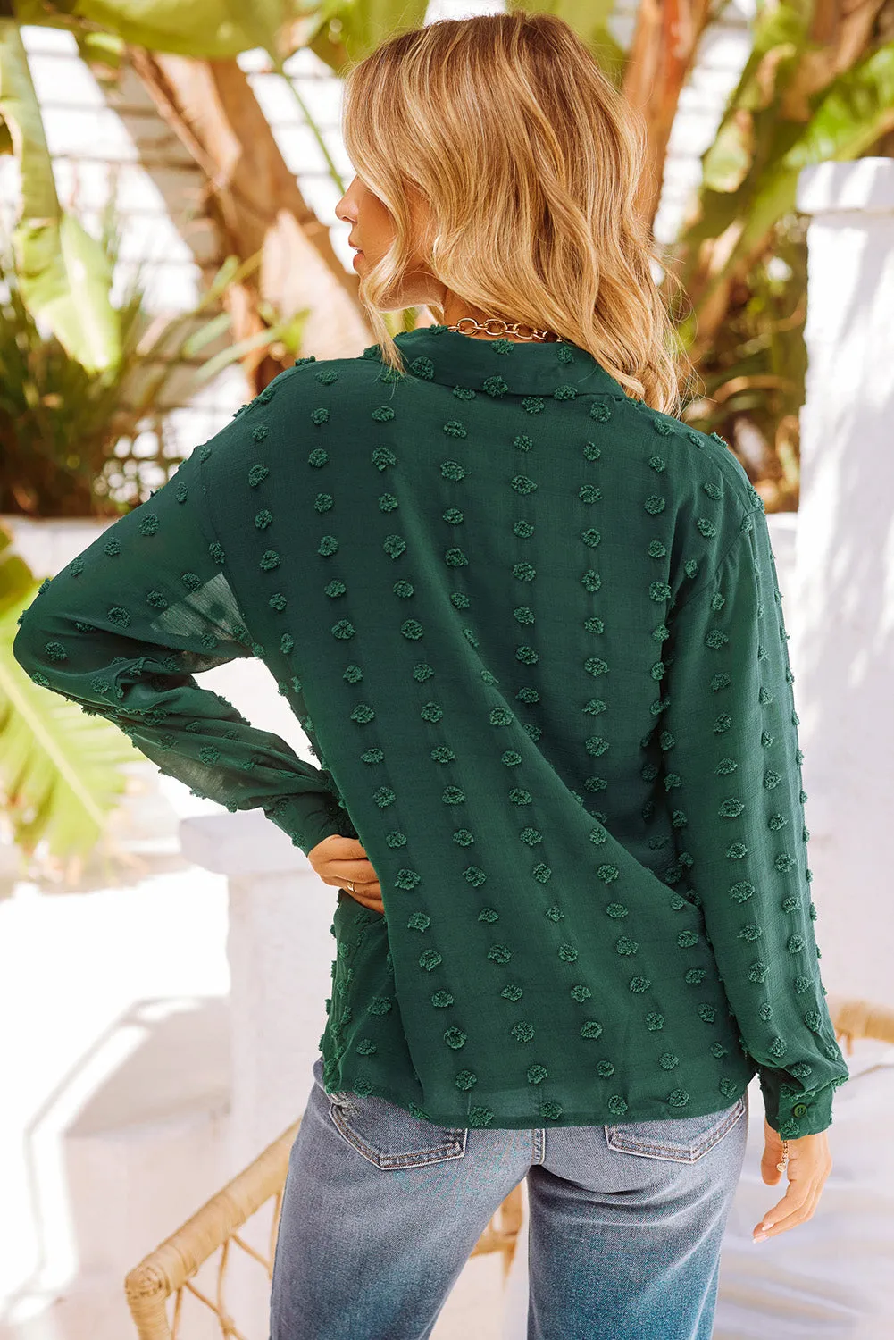 Green Long Sleeve Button Fuzzy Polka Dot Shirt