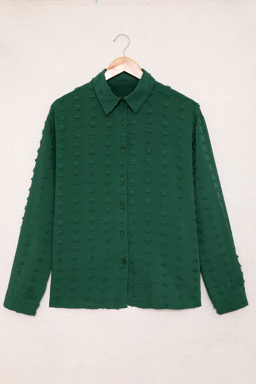 Green Long Sleeve Button Fuzzy Polka Dot Shirt