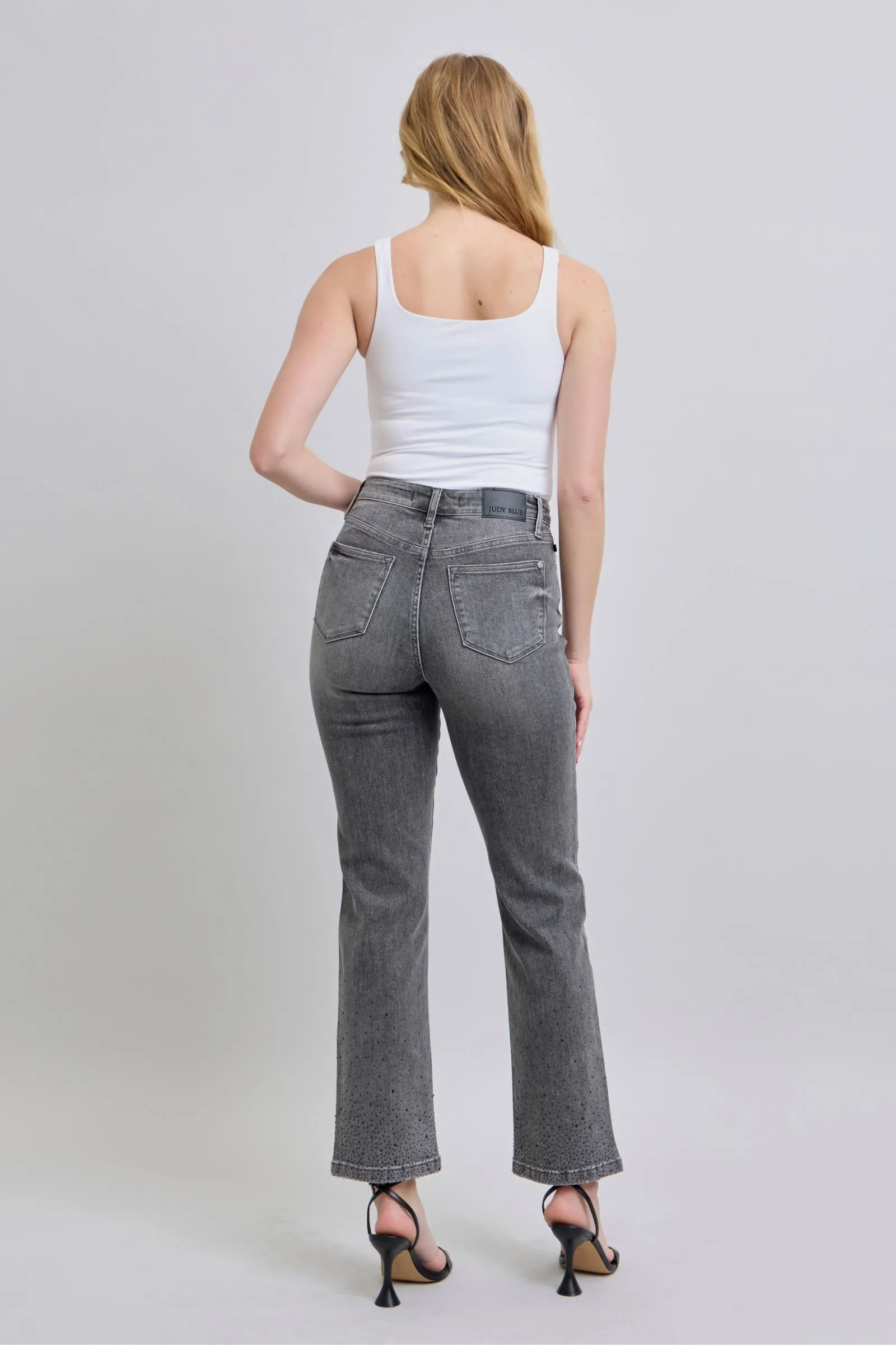 Grey/Black Judy Blue High Waist Rhinestone Straight Jeans