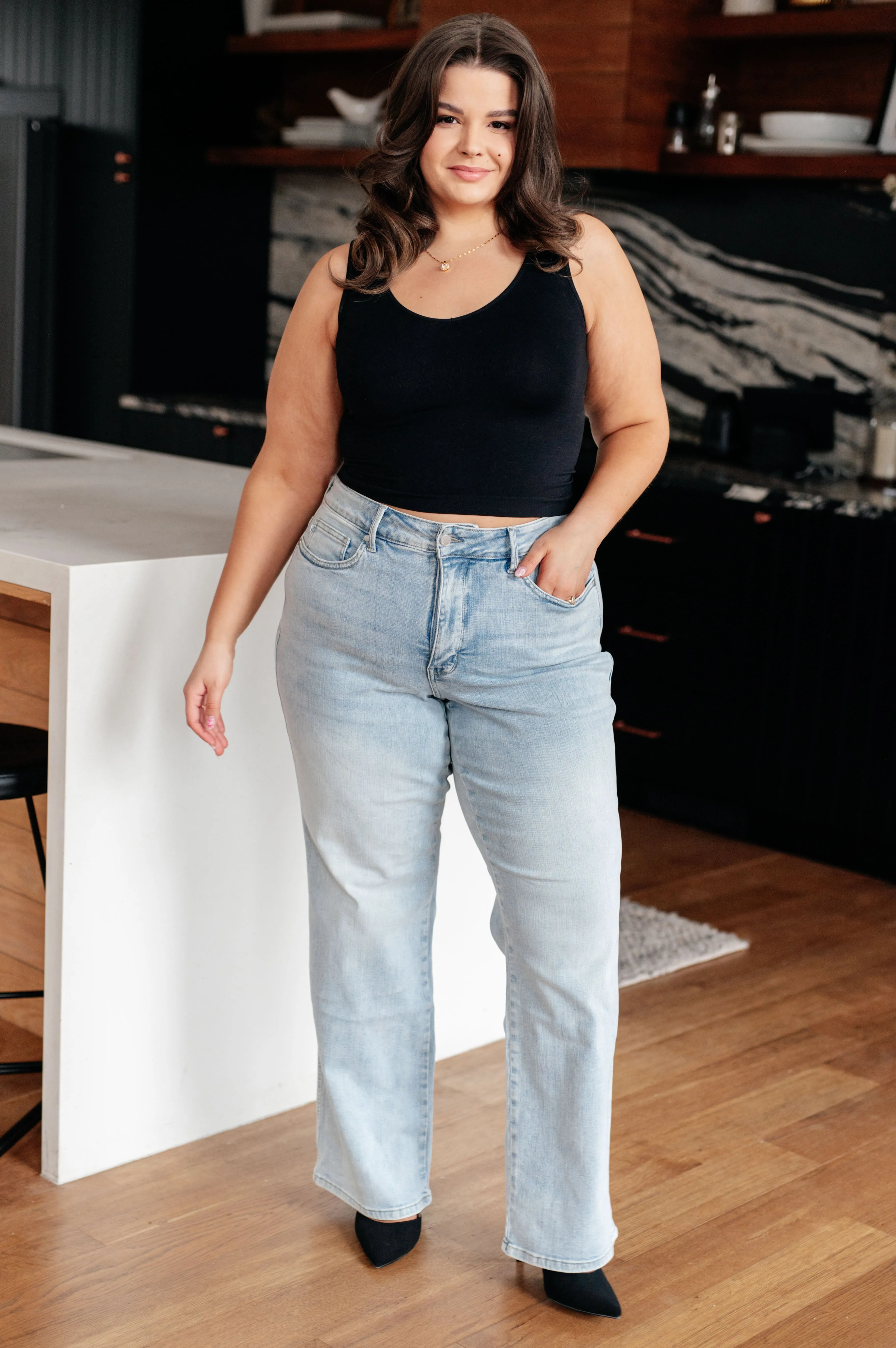 Hazel Blues® |  Brooke High Rise Control Top Vintage Wash Straight Jeans