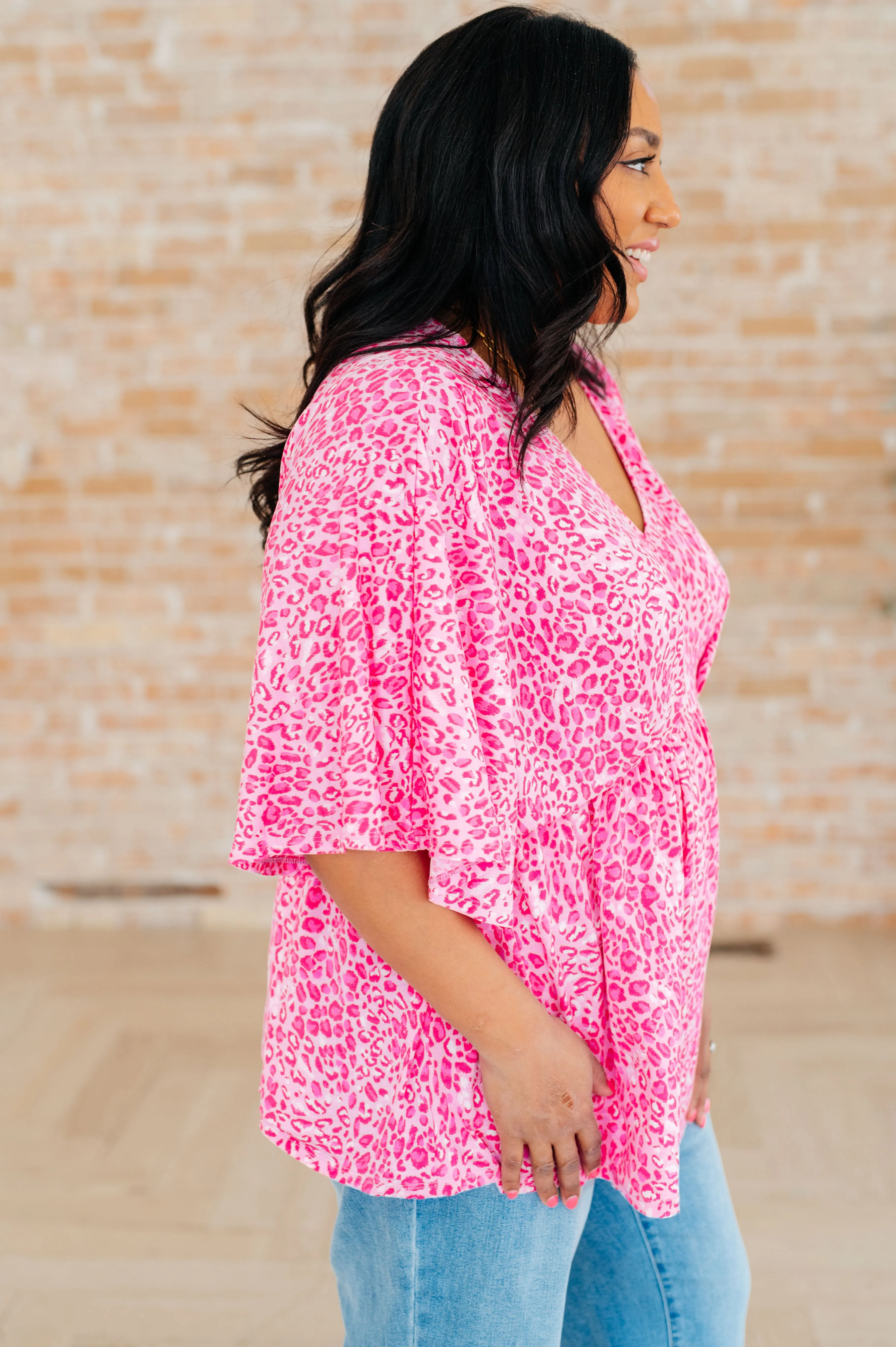 Hazel Blues® |  Dreamer Peplum Top in Pink Leopard