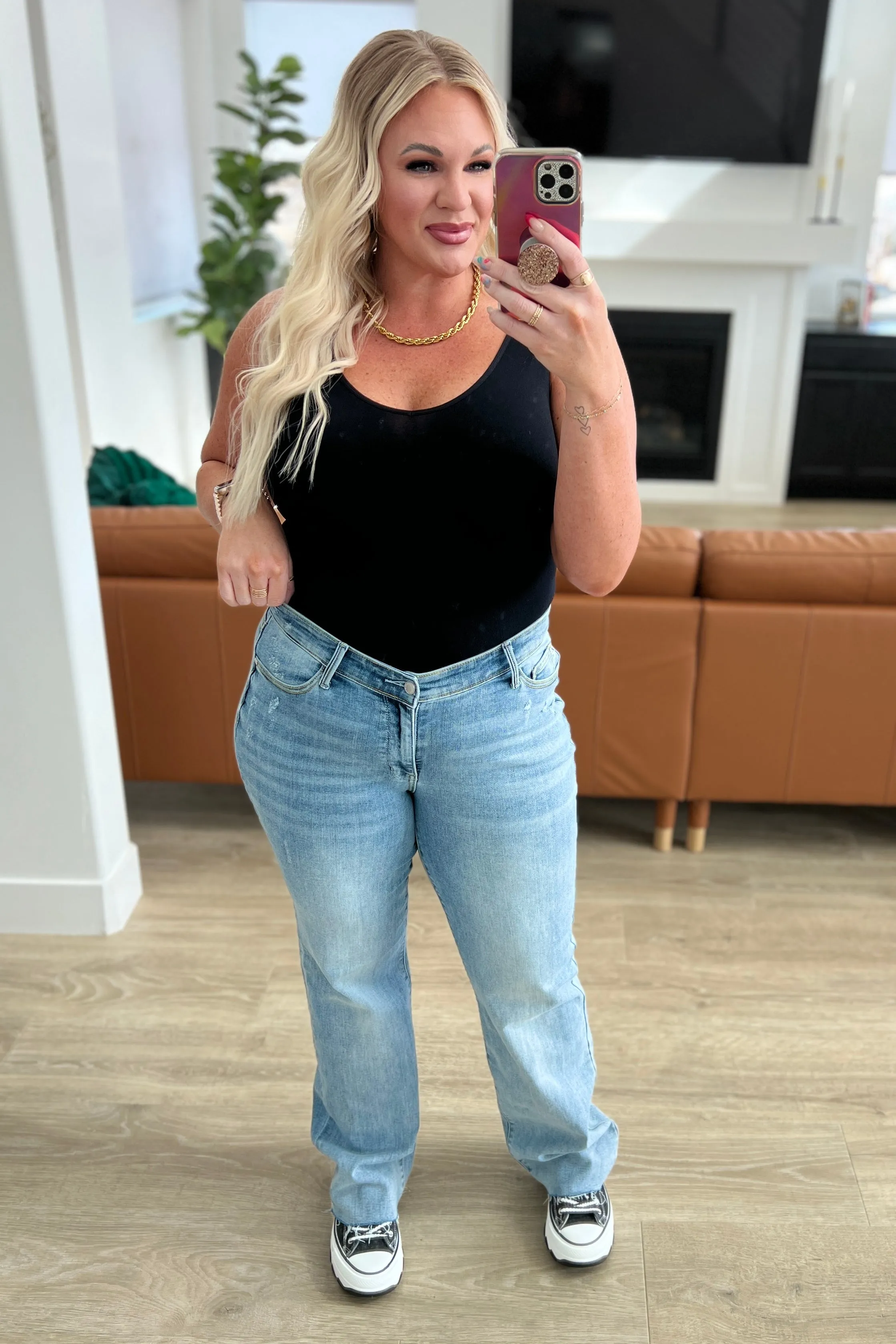 Hazel Blues® |  Mildred High Rise V Front Waistband Straight Jeans