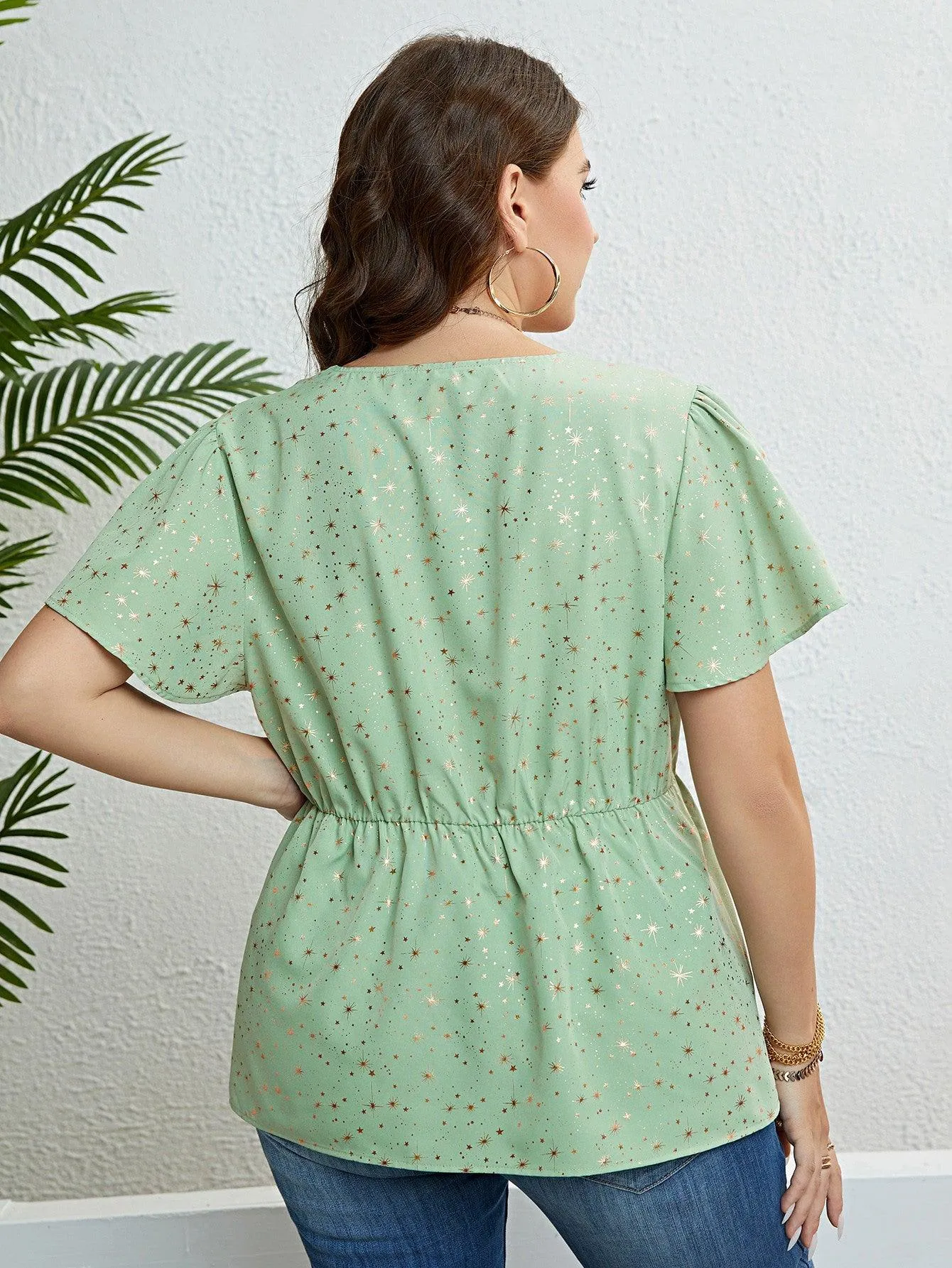 Hazel Blues® |  Star V-Neck Puff Sleeve Peplum Top