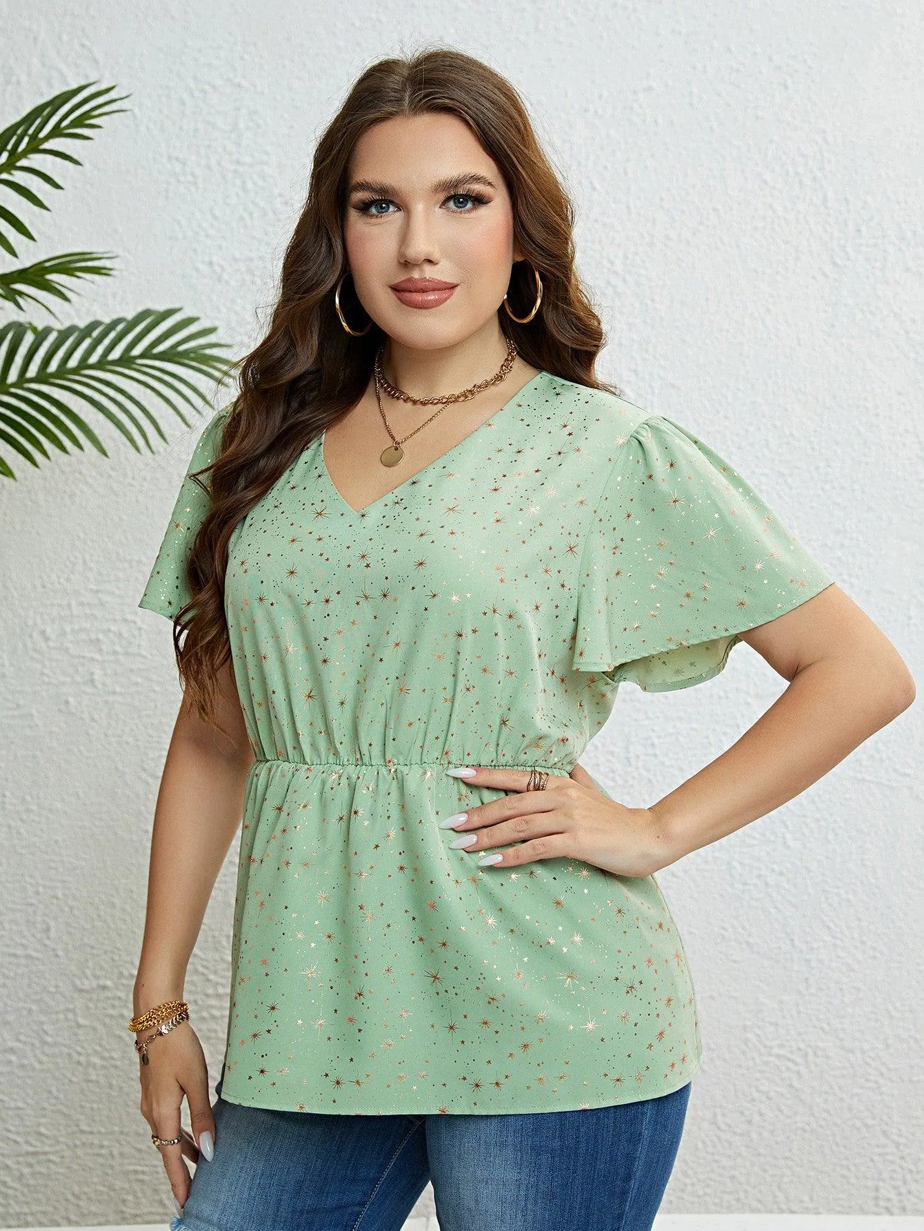 Hazel Blues® |  Star V-Neck Puff Sleeve Peplum Top