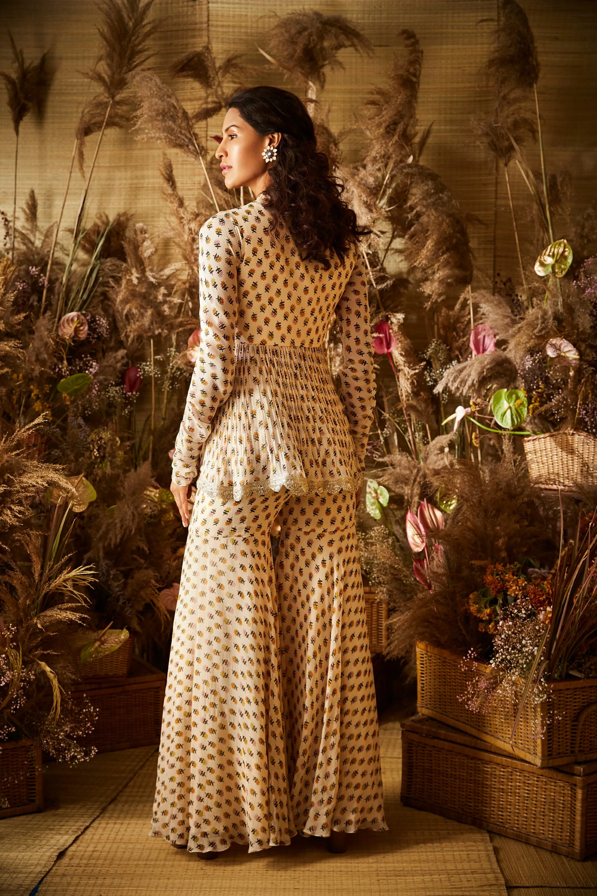 Ivory Printed Peplum With Sharara