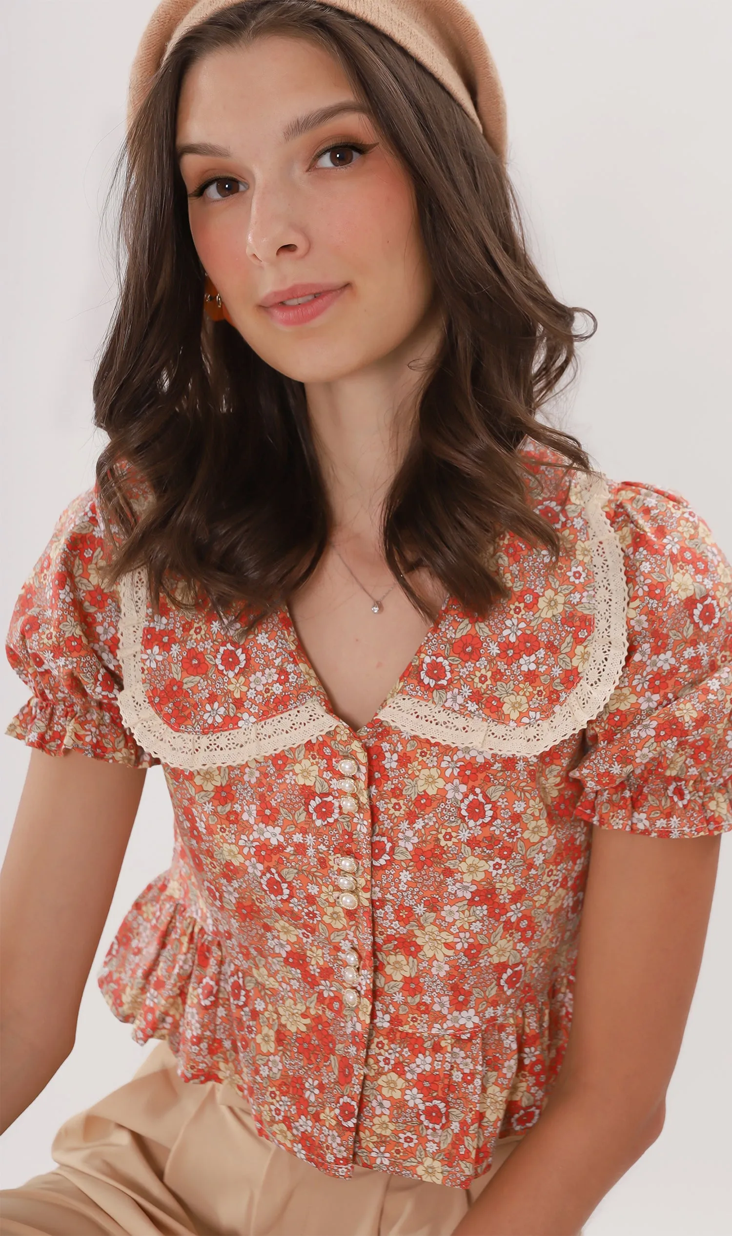 JOLENE Collared Floral Prairie Top (Orange)