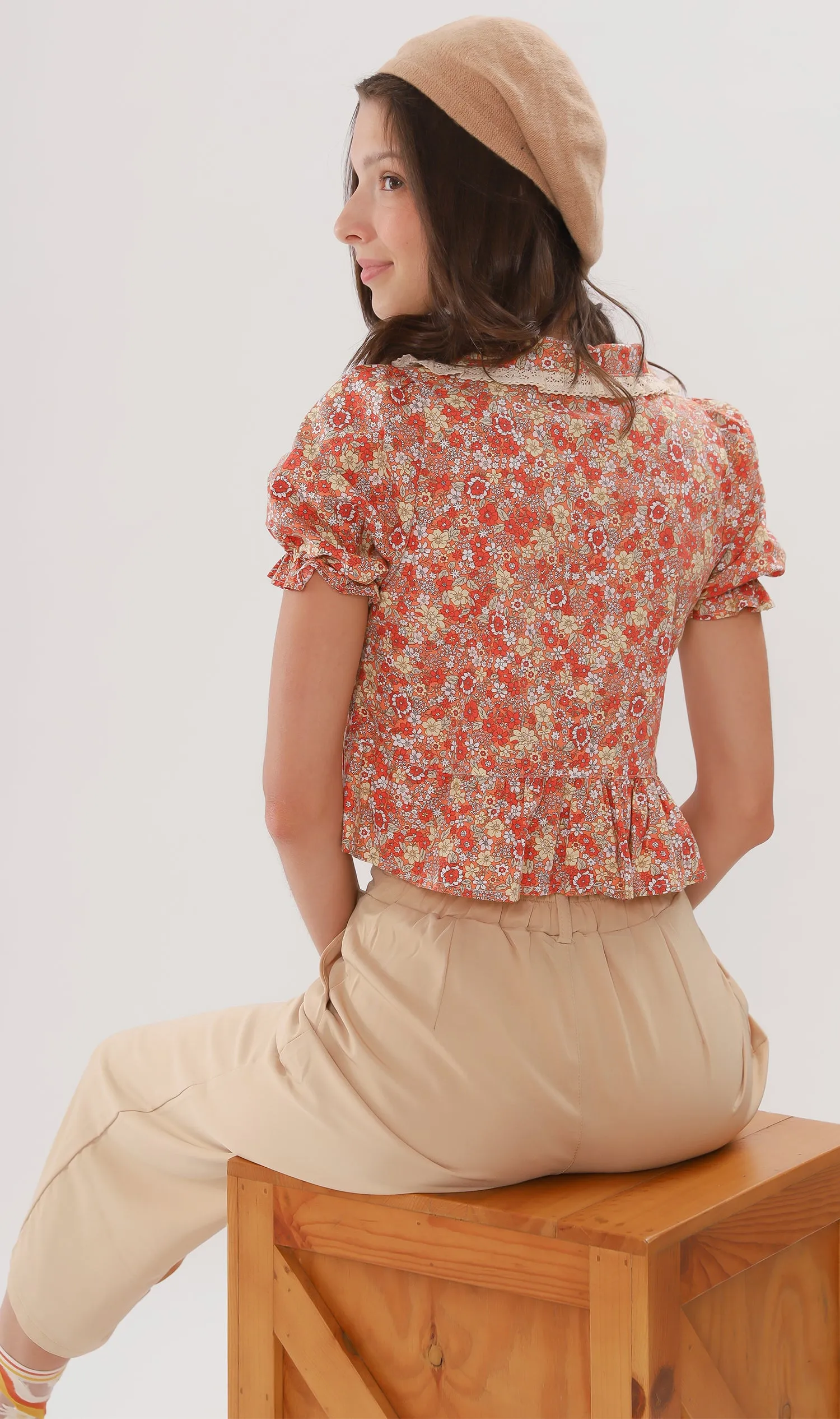 JOLENE Collared Floral Prairie Top (Orange)