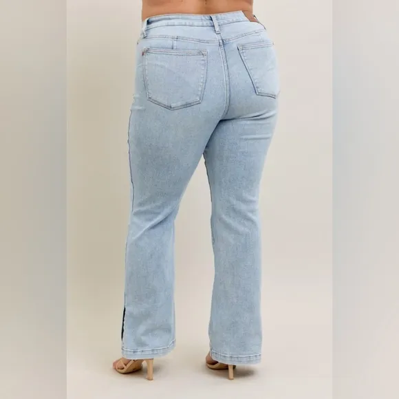 Judy Blue HR Tummy Control Vintage Light Wash Split Hem Bootcut Jeans NEW