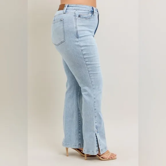 Judy Blue HR Tummy Control Vintage Light Wash Split Hem Bootcut Jeans NEW