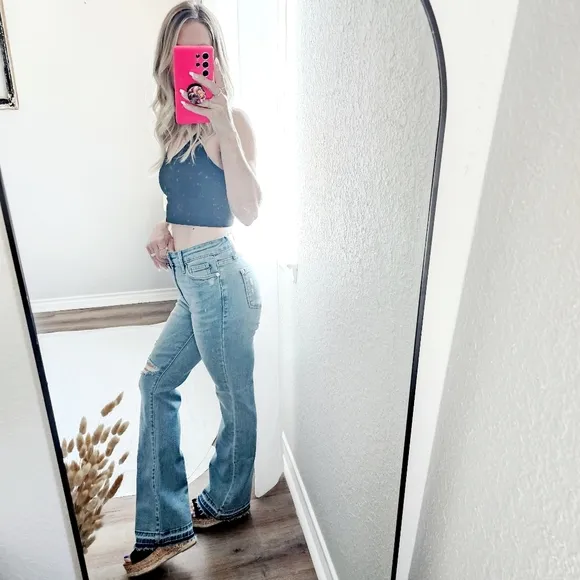 Judy Blue Mid Rise Released Shadow Raw Hem Bootcut Denim Jeans Regular Plus NEW