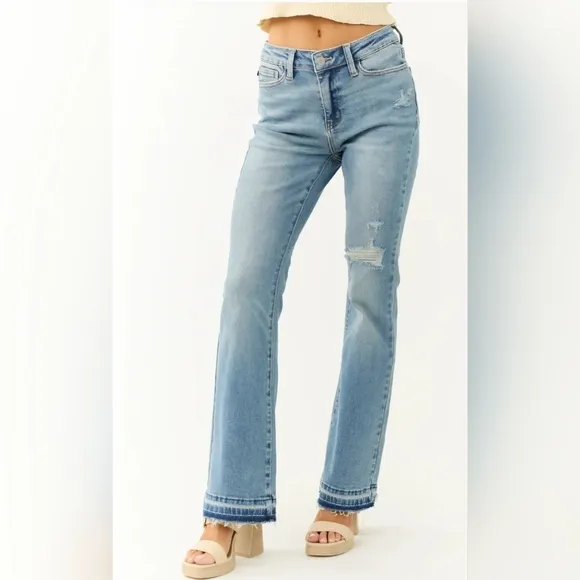 Judy Blue Mid Rise Released Shadow Raw Hem Bootcut Denim Jeans Regular Plus NEW