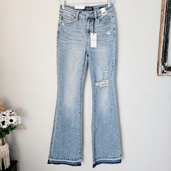 Judy Blue Mid Rise Released Shadow Raw Hem Bootcut Denim Jeans Regular Plus NEW
