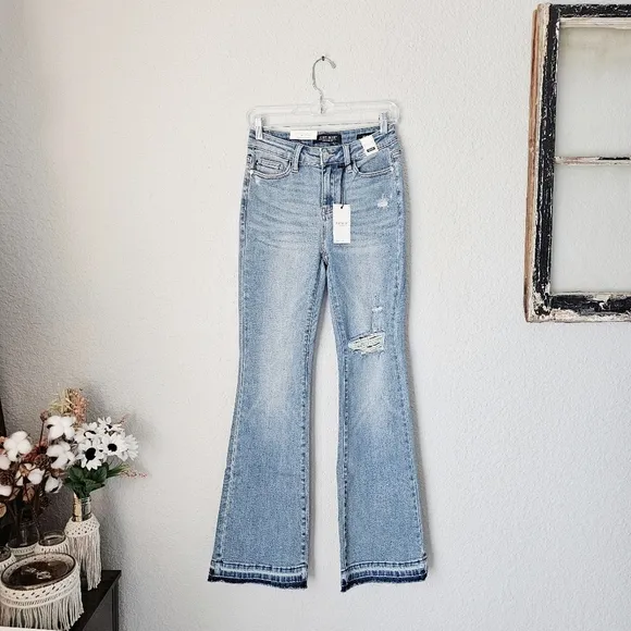 Judy Blue Mid Rise Released Shadow Raw Hem Bootcut Denim Jeans Regular Plus NEW