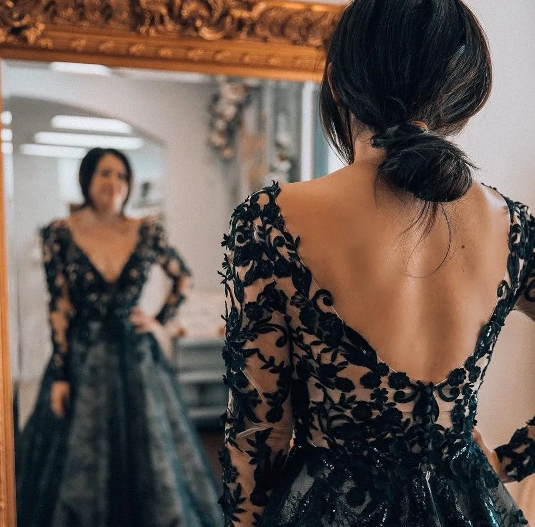 Lace Long-sleeve Dark Navy Prom Dinner Gown Online