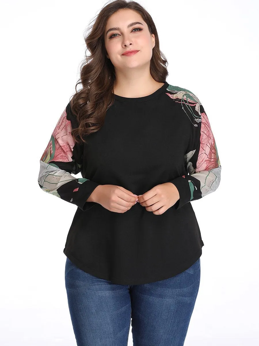 Large Size Women's Stitching Print Contrast Shirt