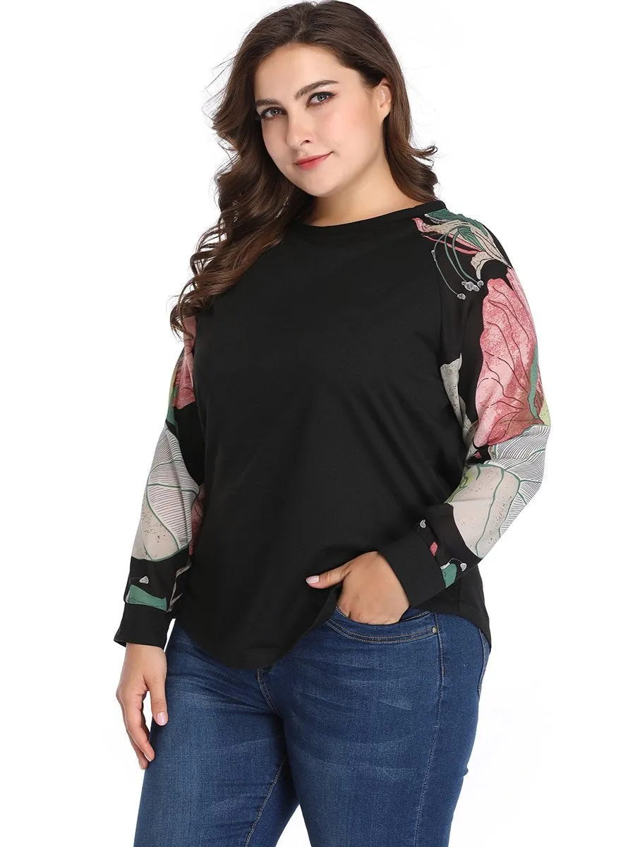 Large Size Women's Stitching Print Contrast Shirt