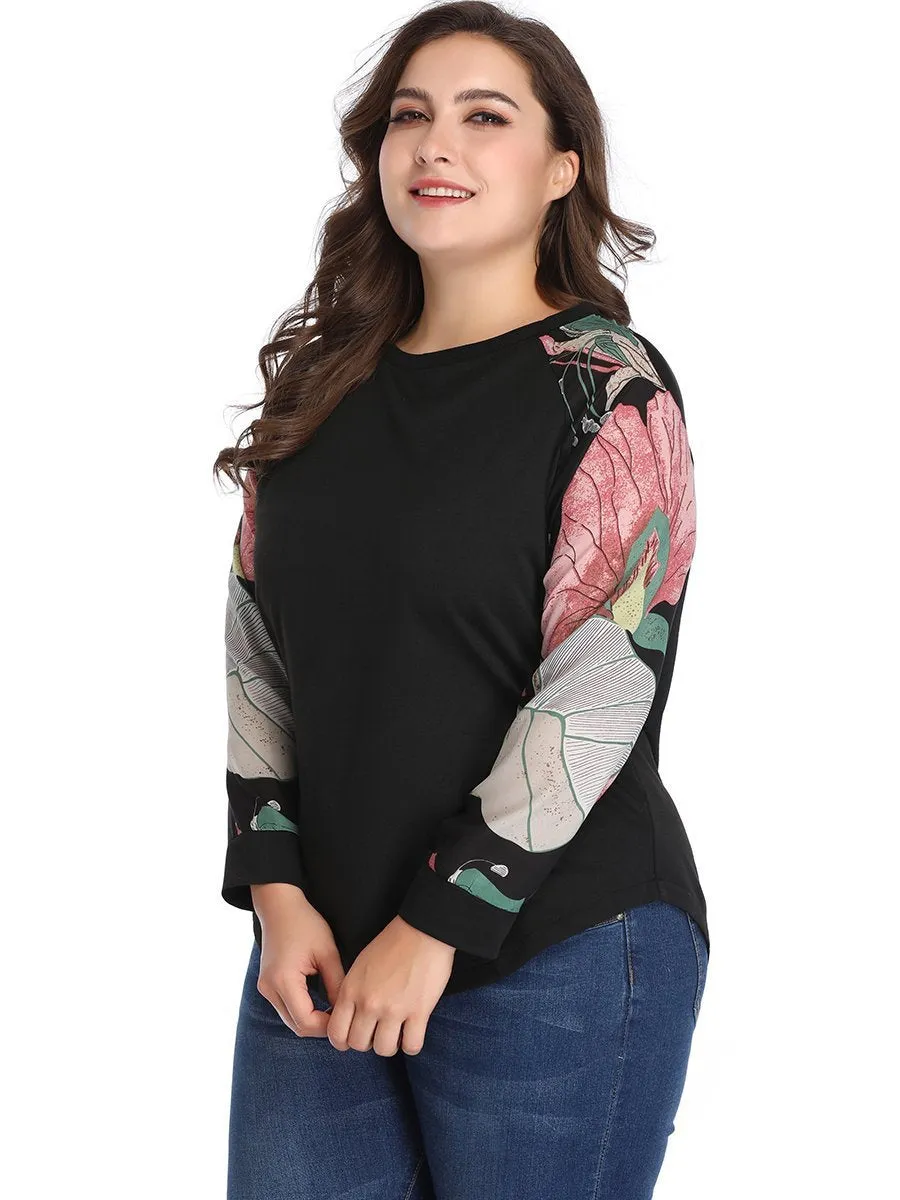Large Size Women's Stitching Print Contrast Shirt