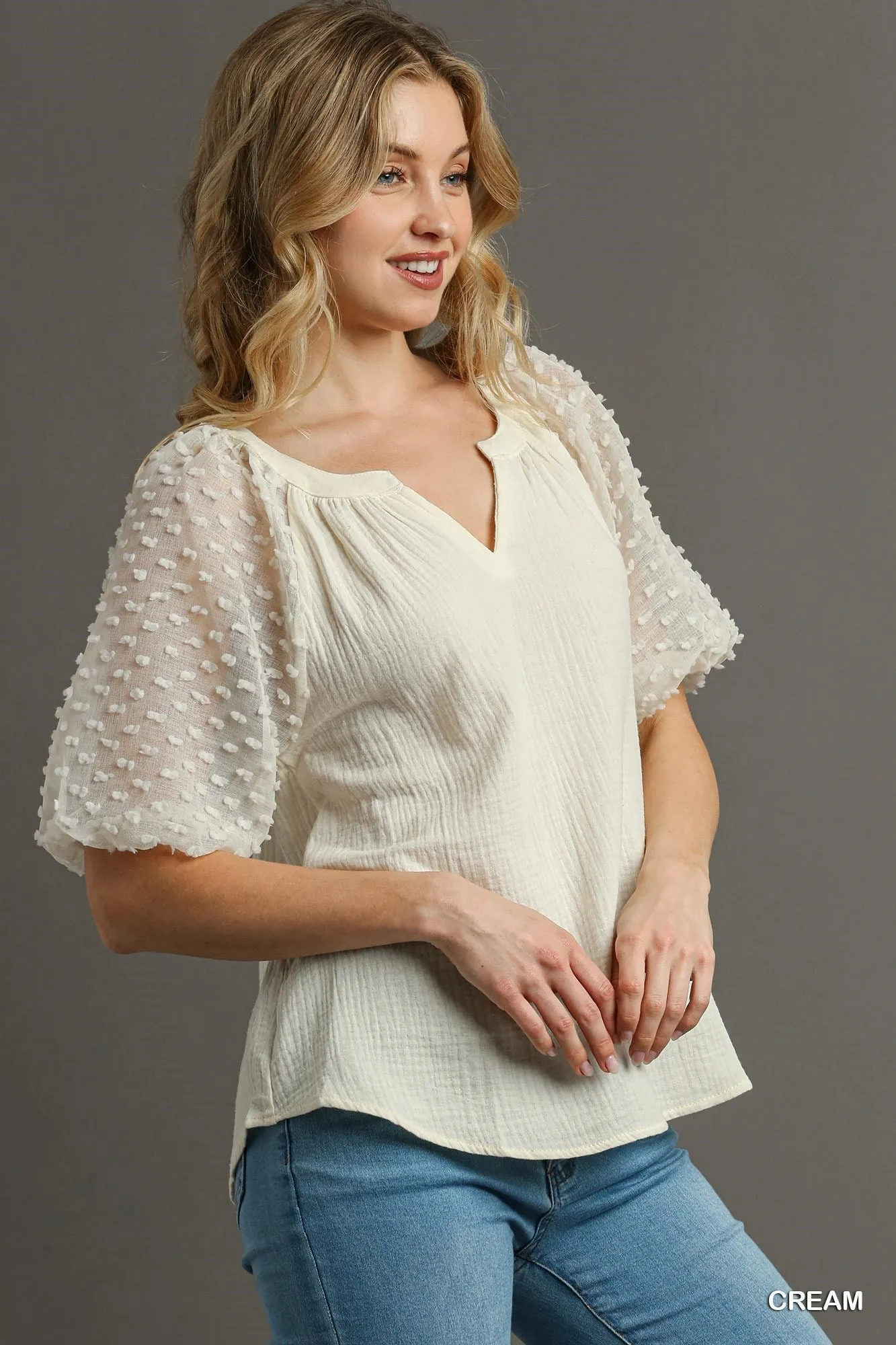 Lauren Floral Applique Detail Cuffed Puffed Sleeve Split Neck Top In Cream