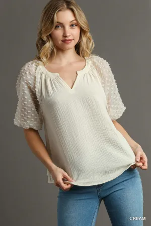 Lauren Floral Applique Detail Cuffed Puffed Sleeve Split Neck Top In Cream