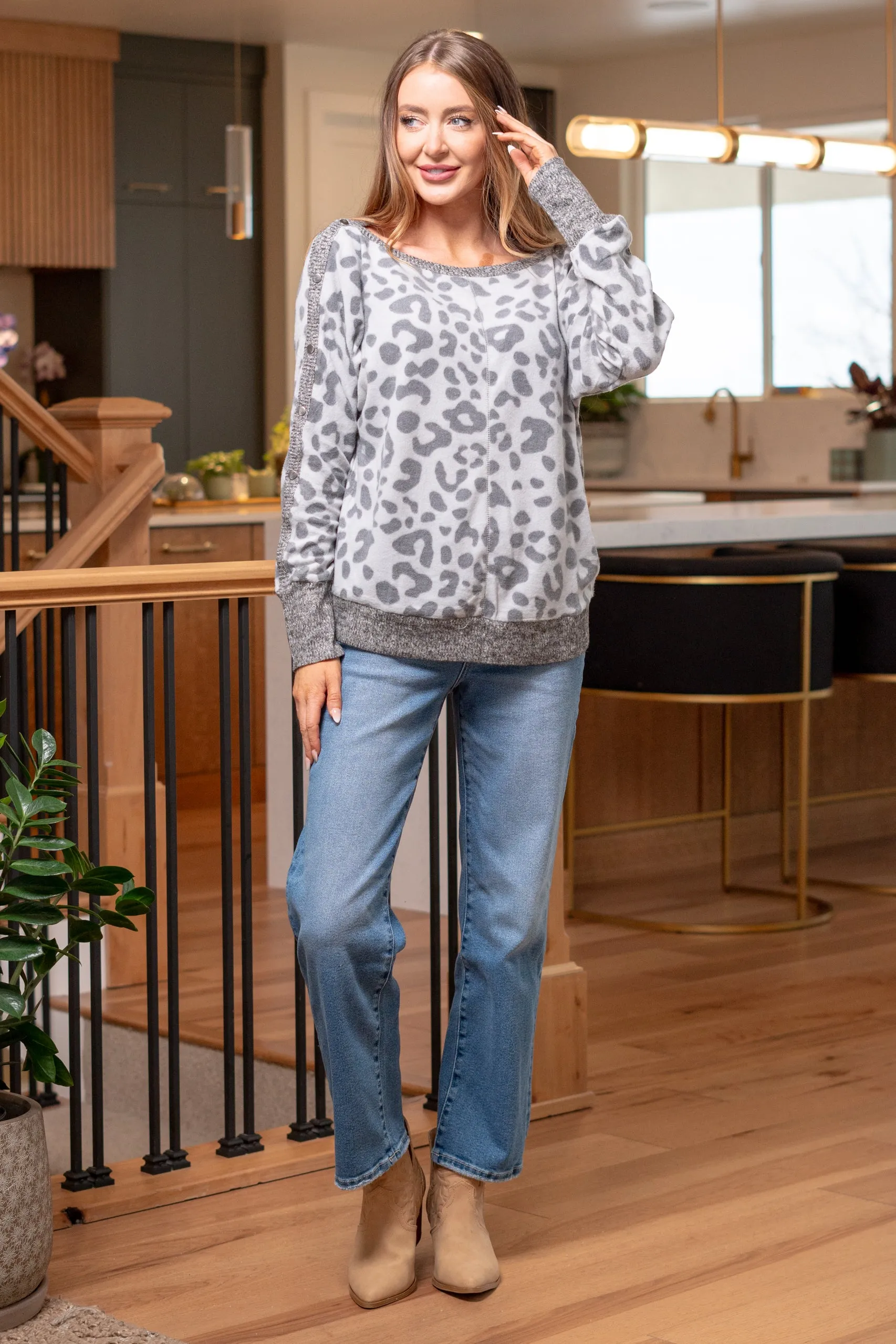Leopard Snap Button Boat Neck Top