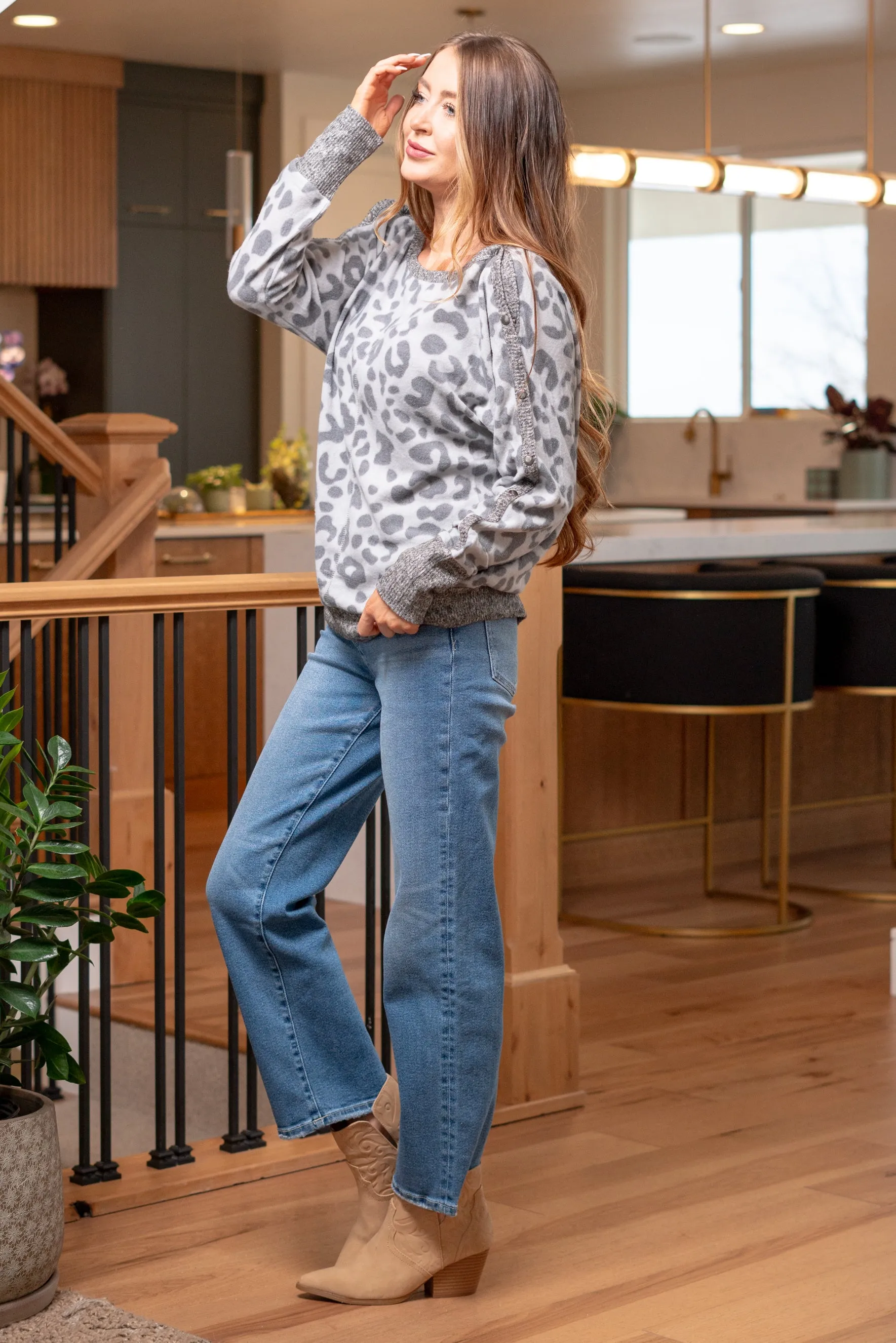 Leopard Snap Button Boat Neck Top