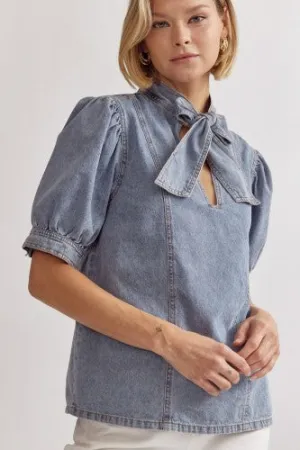 Light Denim Tie Neck Blouse